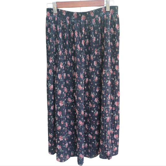 VINTAGE Jayne Thomas 90s Y2K Floral Pleated Black Midi Skirt A-Line Cottagecore - Picture 2 of 6